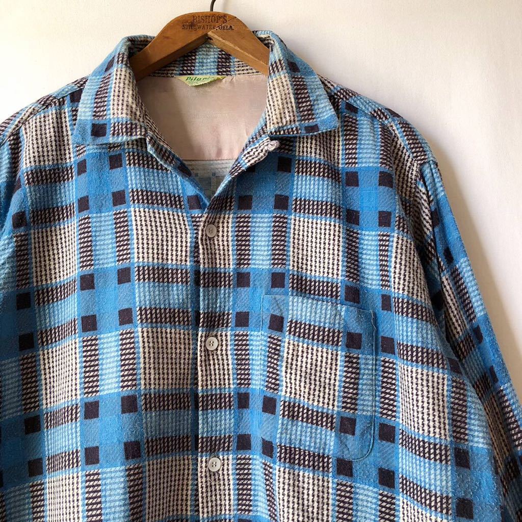 50s Pilgrim チェック ループカラー プリントネルシャツ L ブルー