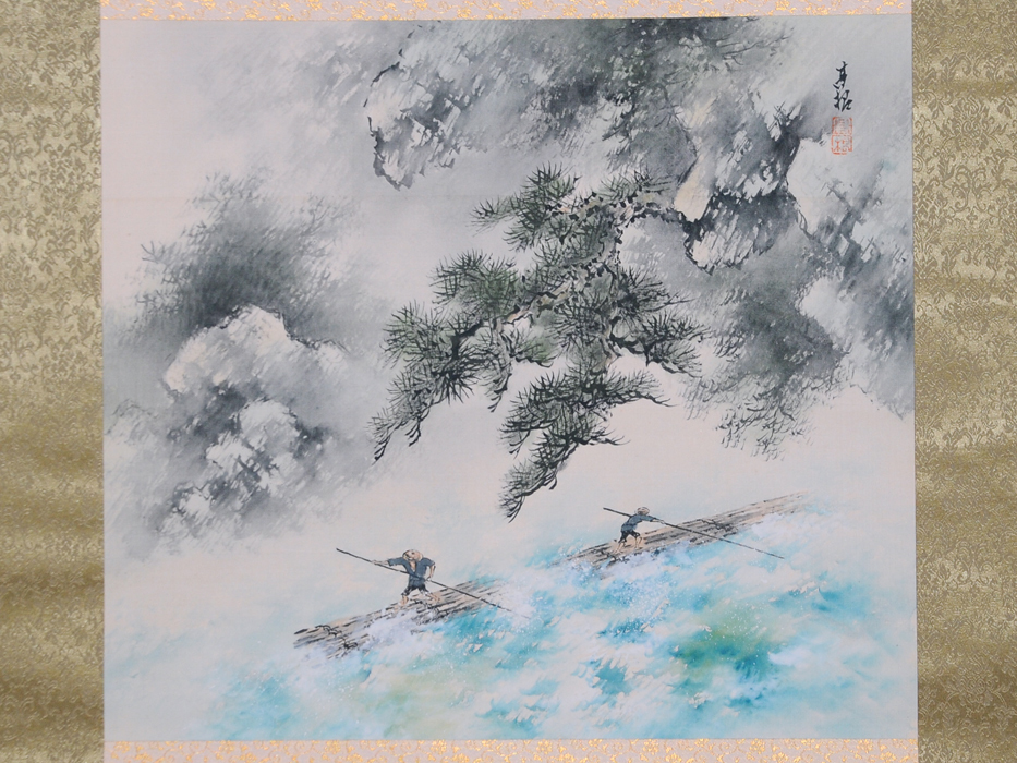 掛け軸 掛軸 軸装 日本画 墨彩画 水墨画 東洋美術 古美術 骨董 骨董品 真作森田梅泉（作）「水墨山水」軸掛軸山水図 : レトロ屋うめばち