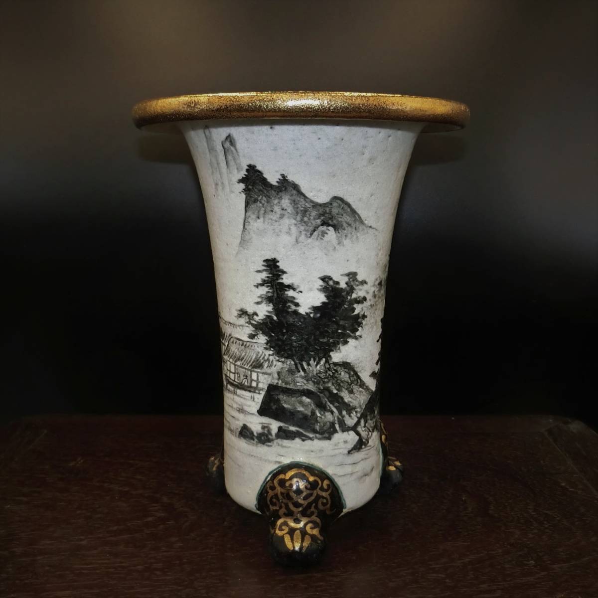 ☆京楽焼 白胴 蘭鉢 山水図 愛楽園　正三作☆ (春蘭 寒蘭 中国蘭 盆栽 盆器 植木鉢 花盆)_1