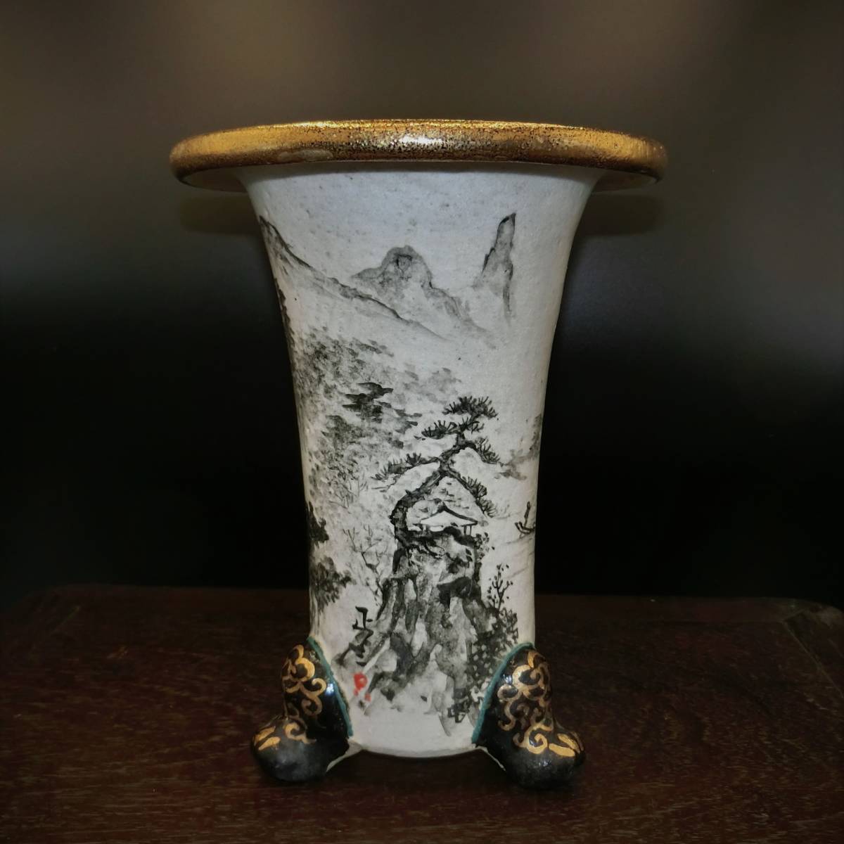 ☆京楽焼 白胴 蘭鉢 山水図 愛楽園　正三作☆ (春蘭 寒蘭 中国蘭 盆栽 盆器 植木鉢 花盆)_3