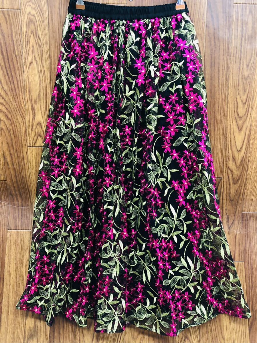 OBLI オブリ レース 刺繍 ロング スカート フレアースカート 花柄