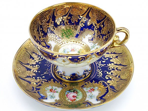 オールドノリタケ 金彩金盛コバルト薔薇絵 ペディスタル カップ 