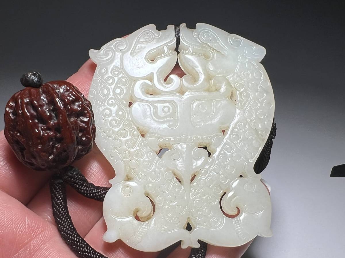 三】中国唐物 清時代 収蔵逸品 玉佩 双龍彫刻 和田玉 翡翠置物 極細工 
