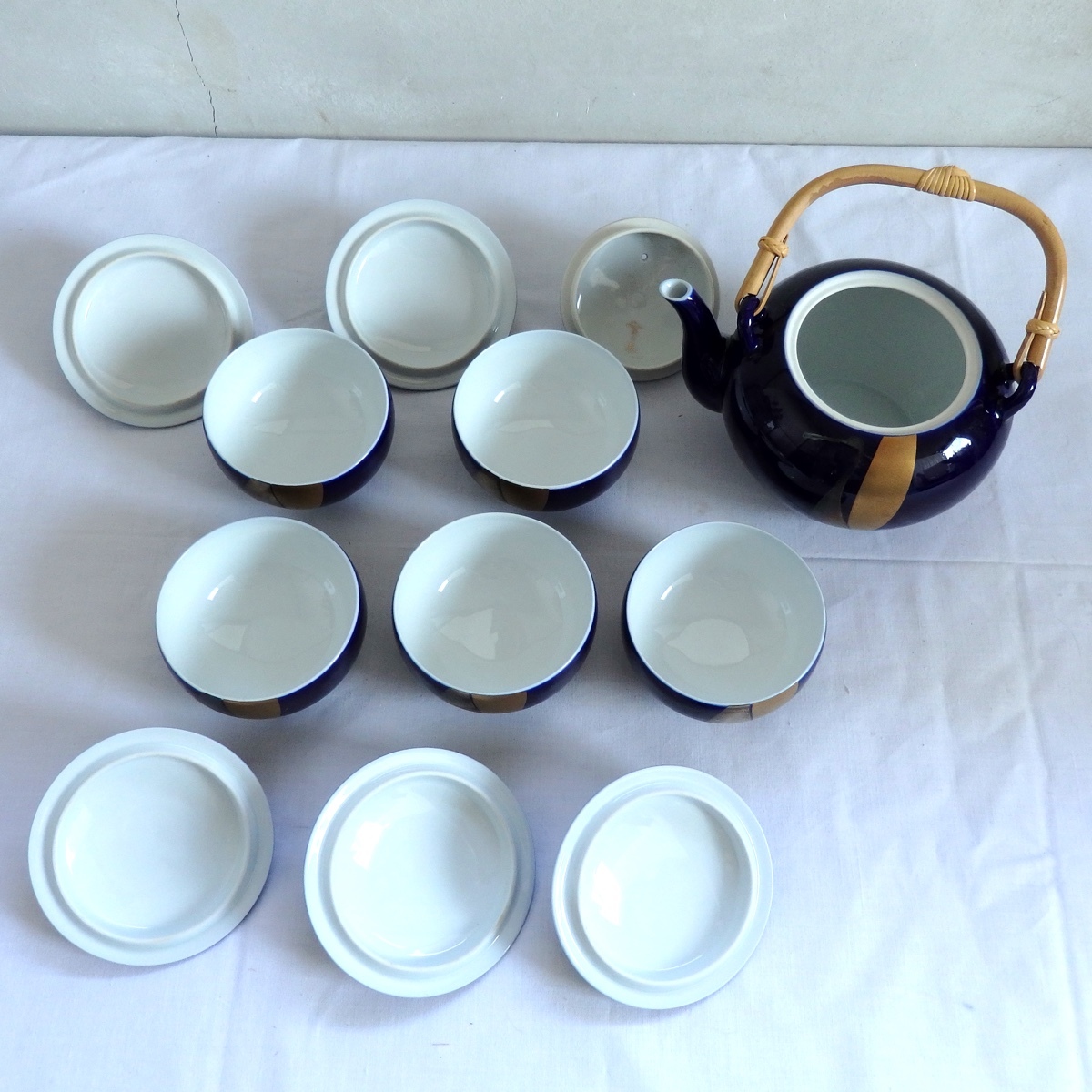 深川製磁 瑠璃 金彩 銀彩 鶴 茶器揃 急須 蓋付湯呑 5客 セット 煎茶器
