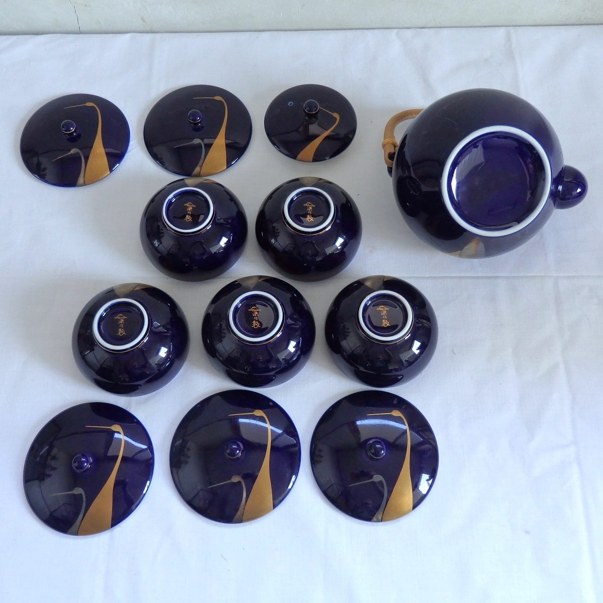 深川製磁 瑠璃 金彩 銀彩 鶴 茶器揃 急須 蓋付湯呑 5客 セット 煎茶器