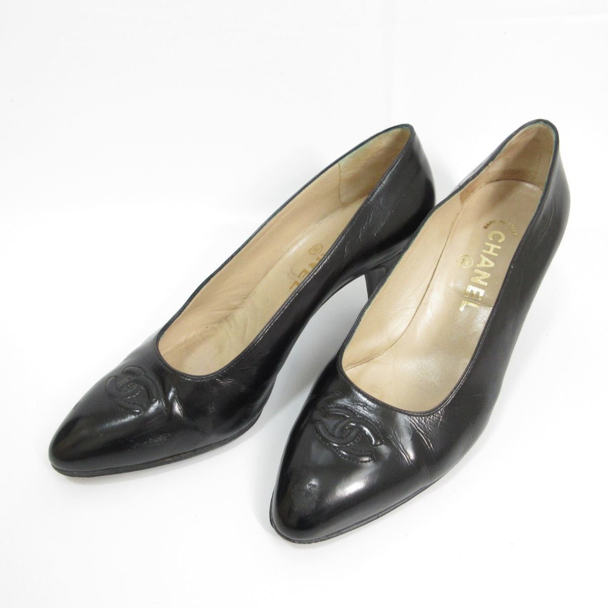 良品 CHANEL シャネル レザー ココマーク アーモンドトゥ パンプス 7 約24cm 黒 ブラック 303