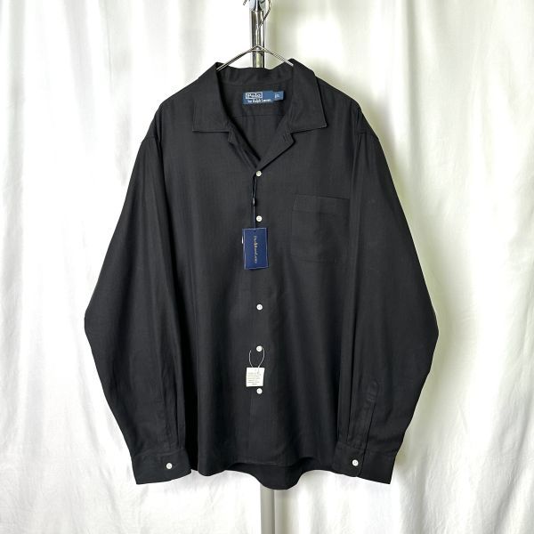 デッドストック 90s Polo by Ralph Lauren オープンカラー シャツ L ブラック 黒 シルク リネン 長袖 ループカラー ビンテージ caldwell