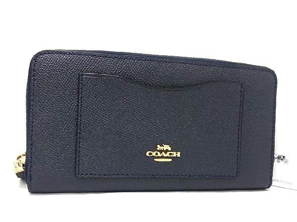 1円 ■極美品■ COACH コーチ F54007 レザー ラウンドファスナー 長財布 ウォレット 札入れ レディース メンズ ネイビー系 AJ5794ｍN