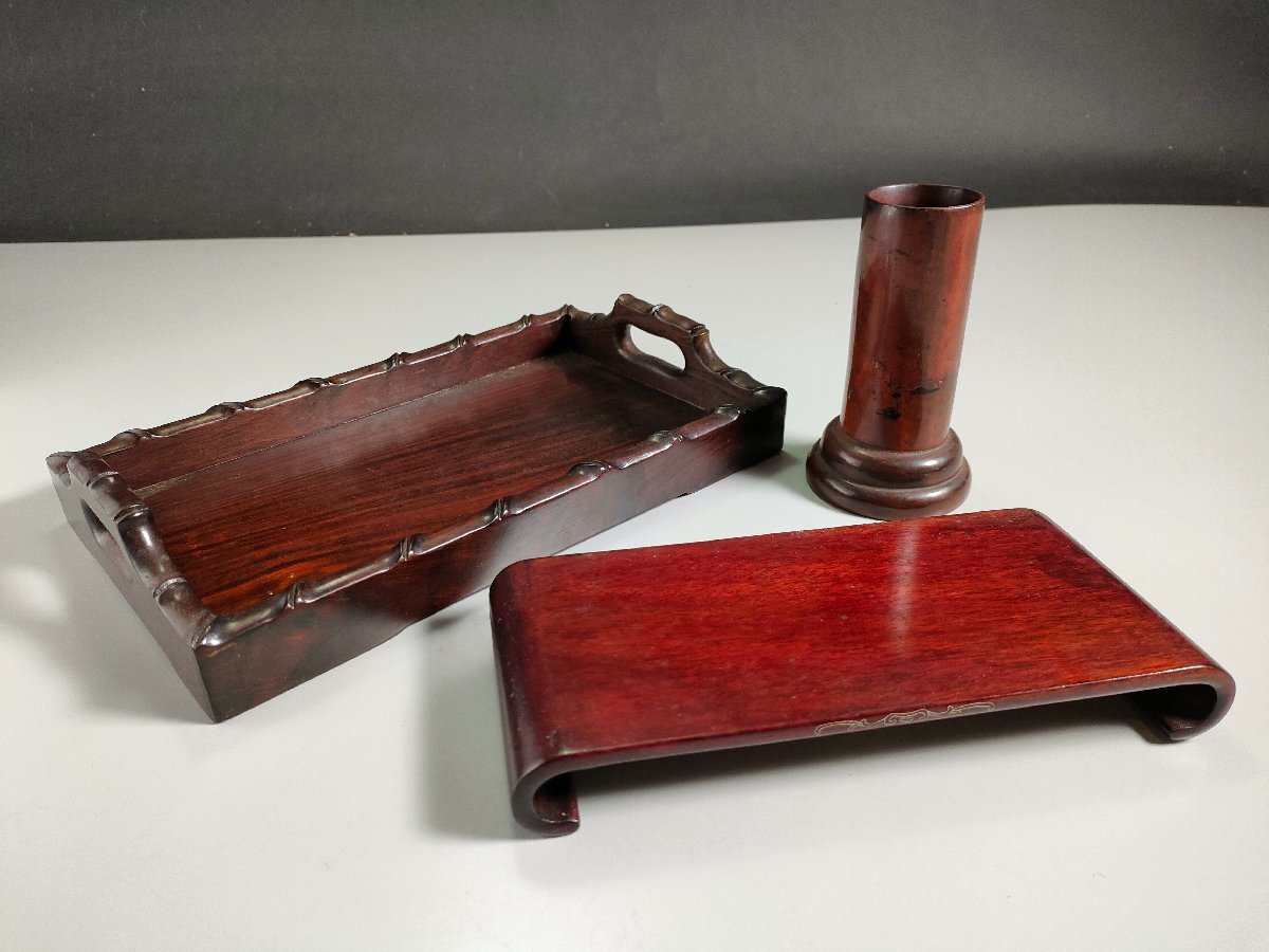 書道■ 紅木盆・唐木墨床・唐木筆筒　経年物　象嵌 ■a526