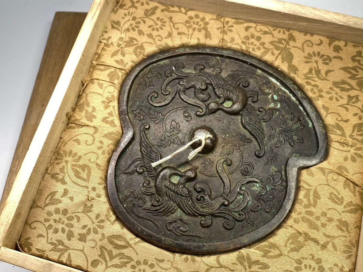 N8 京都買取品 時代 中国古玩 双鳳凰紋 古鏡 銅鏡(骨董 中国美術 古美術 古銅鏡 細工