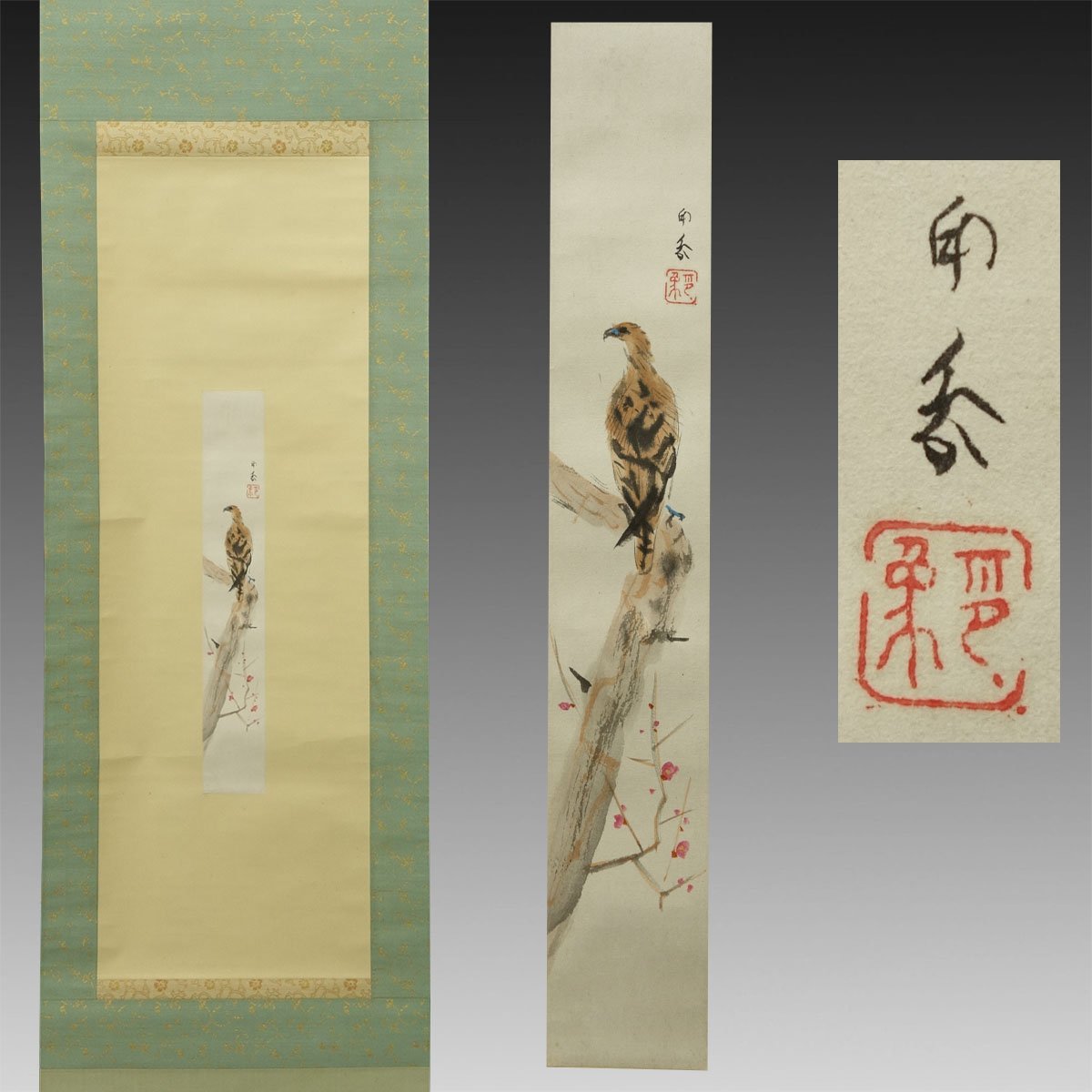 真作】喜聞◇『堂本印象 紅梅花に鷹図 (花鳥画) 短冊(春景