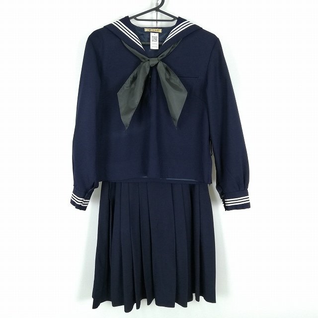 1円 セーラー服 スカート スカーフ 上下3点セット 冬物 白3本線 女子 学生服 中学 高校 紺 制服 中古 ランクC EY5755