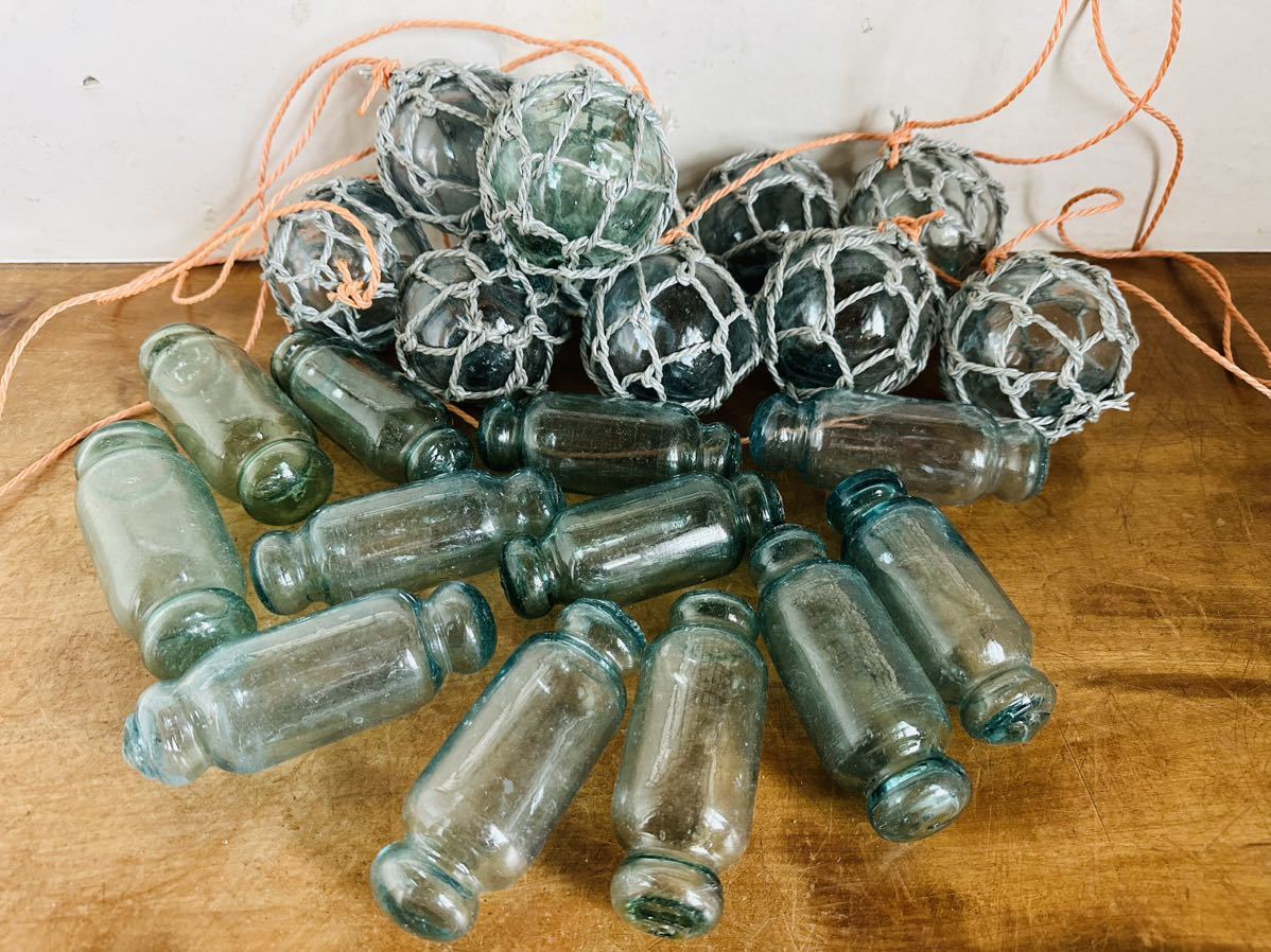 HG876] 浮き玉 硝子 ガラス玉 22個 色々 シリンダー型 ガラス玉 浮き