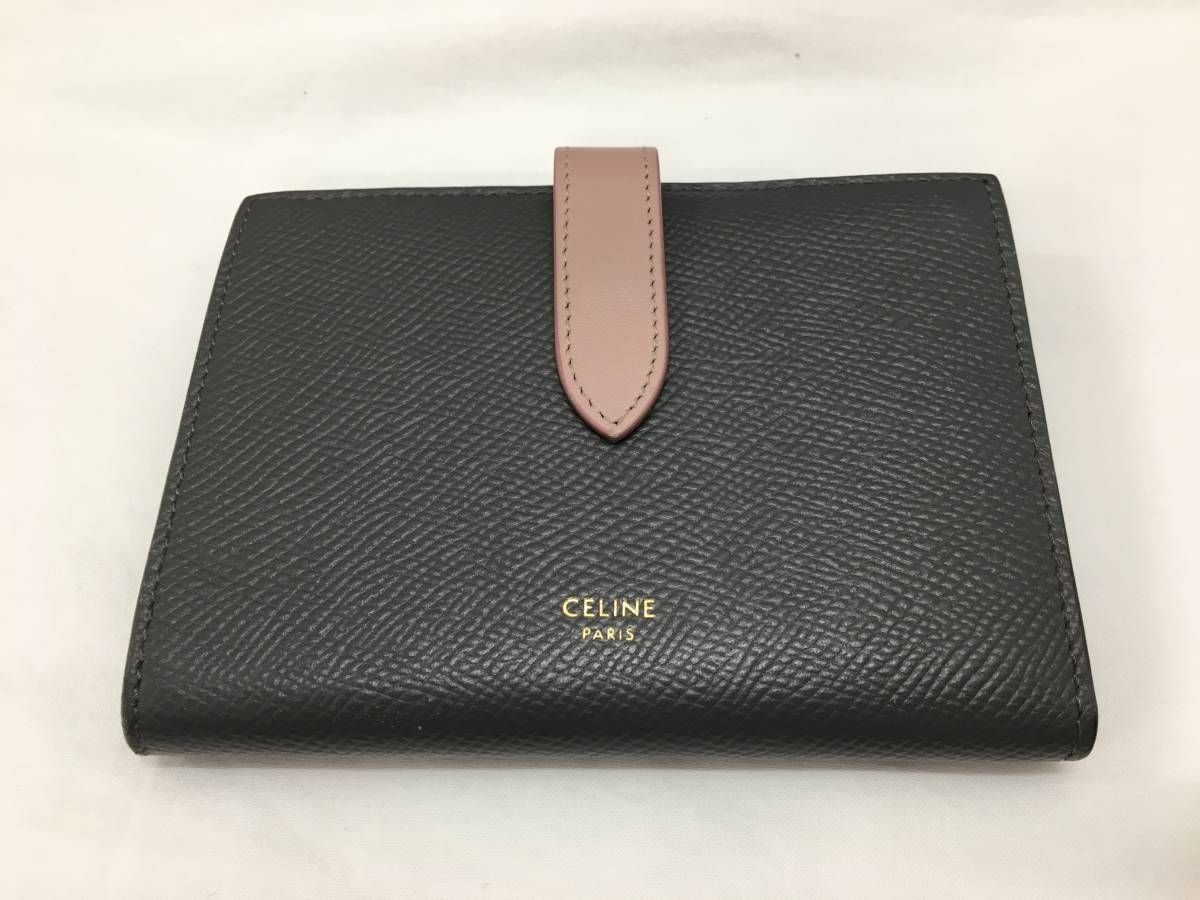 GII29897 CELINE セリーヌ ミディアム ストラップウォレット 折財布 グレー ピンク系 レディース