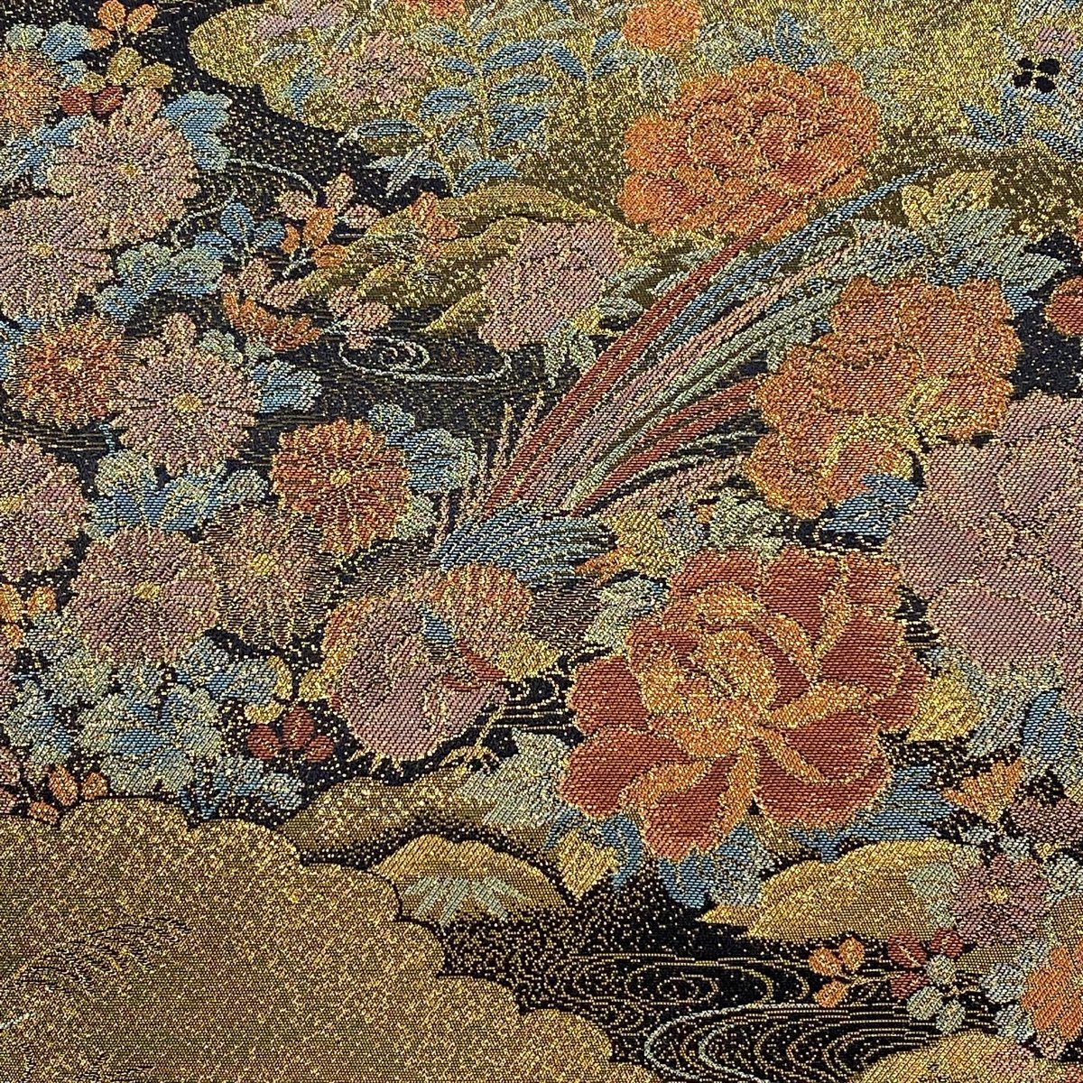 袋帯 正絹 秀水苑　両面全通　表抽象流水紋様　涼しげな意匠　裏横断草花紋様　新品 袋帯 秀品 六通 ベージュ 正絹｜中古 名品 袋帯 美品 秀品 雲