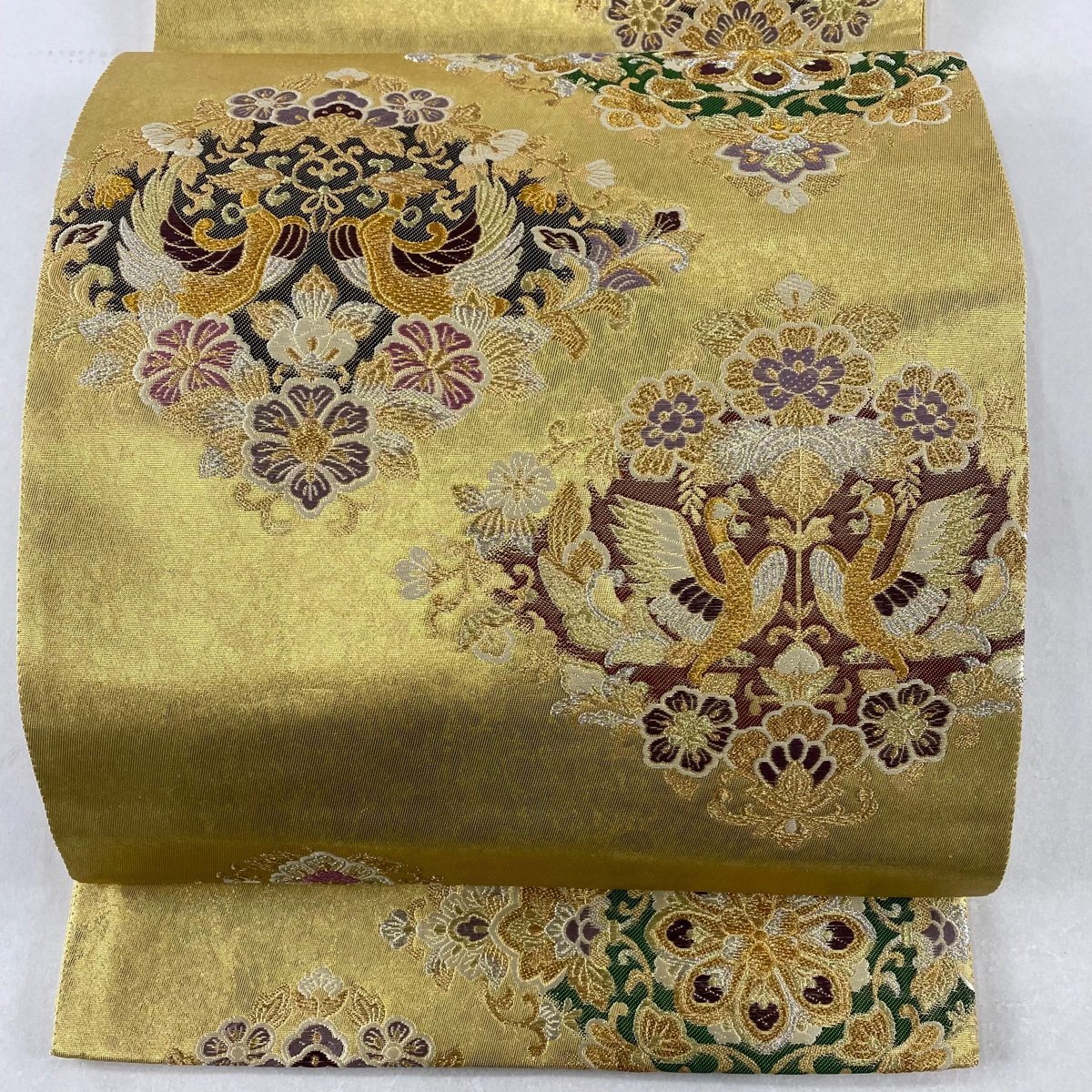 袋帯 秀品 華文 鳥 金糸 金色 六通 正絹 中古 袋帯 秀品 向かい鳥