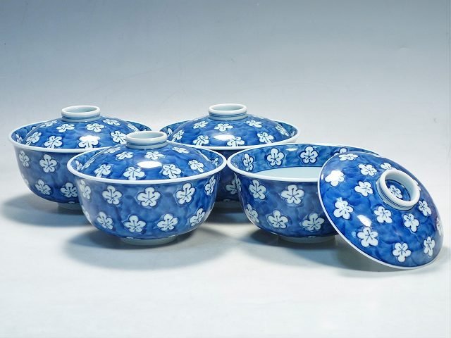 人気セール，得価 K04100 有田焼 源右衛門窯 古染風 梅地紋 蓋丼 四客 蓋付丼 蓋付碗 どんぶり(染付)｜売買されたオークション情報、yahooの商品情報をアーカイブ公開 - オークファン 伊万里、有田