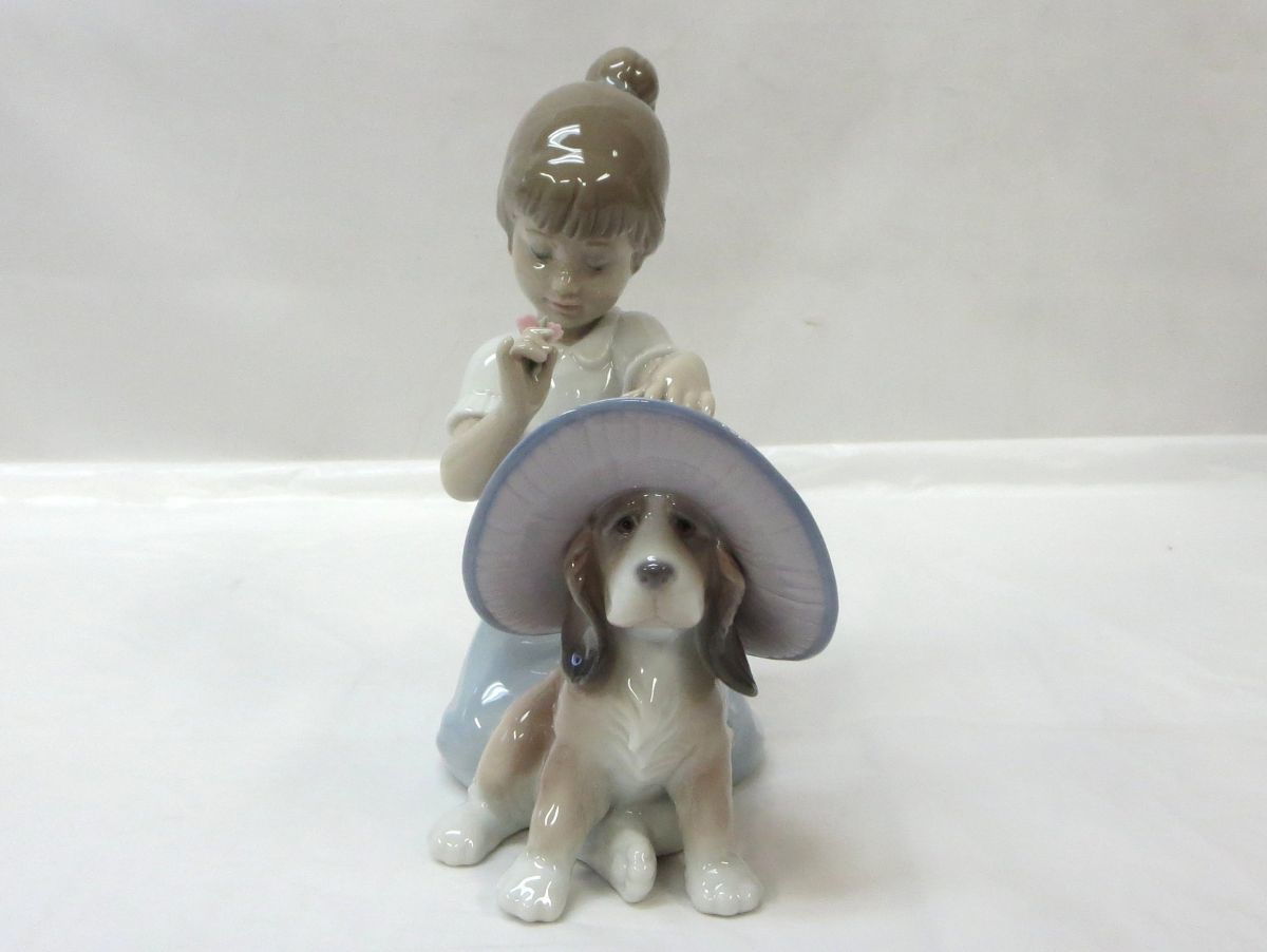 瑞】 LLADRO リヤドロ 少女 犬 インテリア 陶器 フィギュリン 高：26
