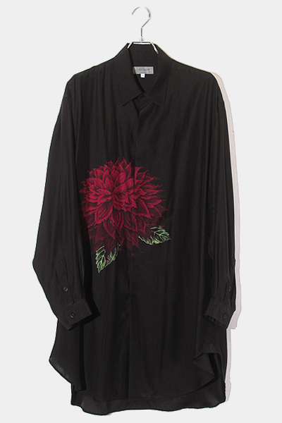 22SS YOHJI YAMAMOTO POUR HOMME ヨウジヤマモトプールオム シルクサテン ビッグ ダリアプリント ブラウス 長袖シャツ 3 BLACK ブラック HG