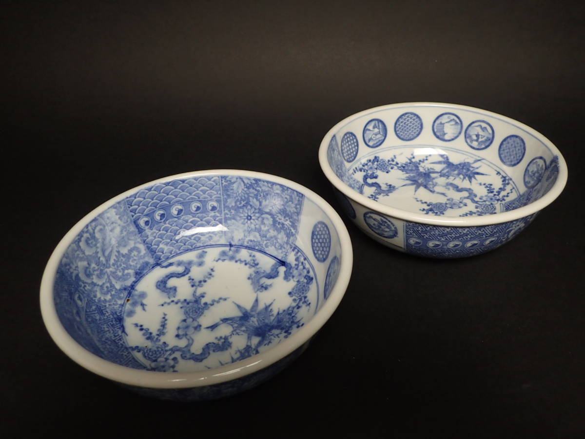 BA-182 古伊万里 印版 染付 鉢 一対 明治 無傷 21.5cmX21.5cm 8.3cm
