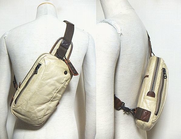 la GALLERIA(ラ ガレリア/青木鞄).レザー ボディバッグ(ベージュ/上質.牛革/Wジップ開/H28W16D6/ツーリング.旅行/日本製/luggage aoki)