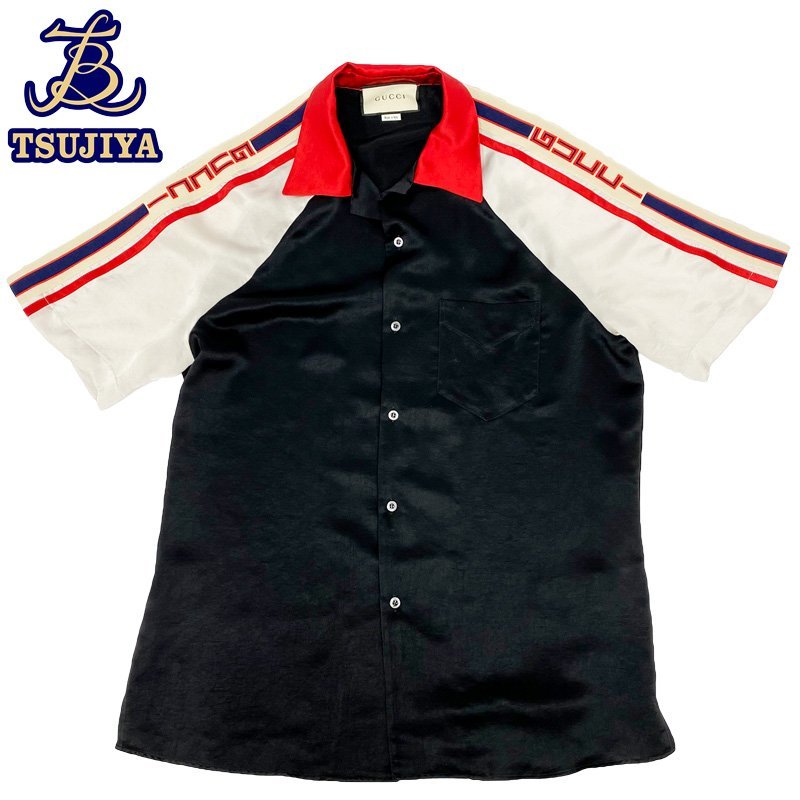 GUCCI グッチ　ジャガードストライプボウリングシャツ　18AW　メンズ　ブラック/レッド/グレー　サイズ48　中古AB【辻屋質店A1997】