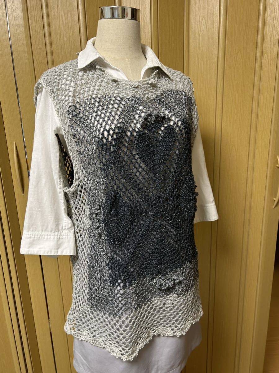 新品＊ハンドメイド＊手編み＊四角モチーフ編みの半袖プルオーバー＊グレーグラデーション＊かぎ針編み＊ニット