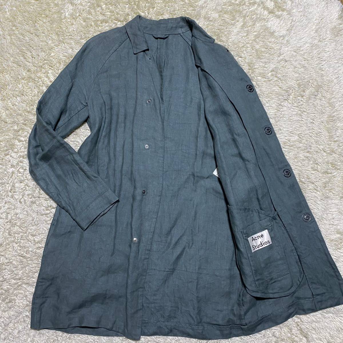 アクネステュディオス 【最高級な夏に】 ACNE STUDIOUS ステンカラーコート リネンコート 麻 ロング丈 光沢感 S〜M相当 44 グリーン系