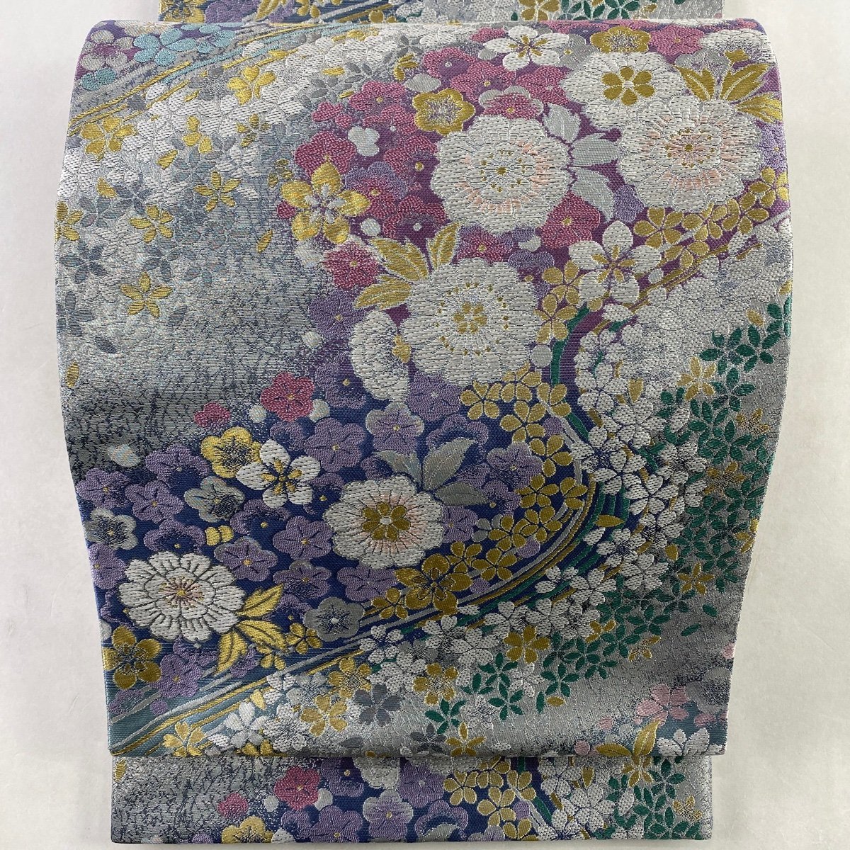 袋帯 美品 秀品 草花 流水 金銀糸 箔 灰紫 六通 正絹 【中古】