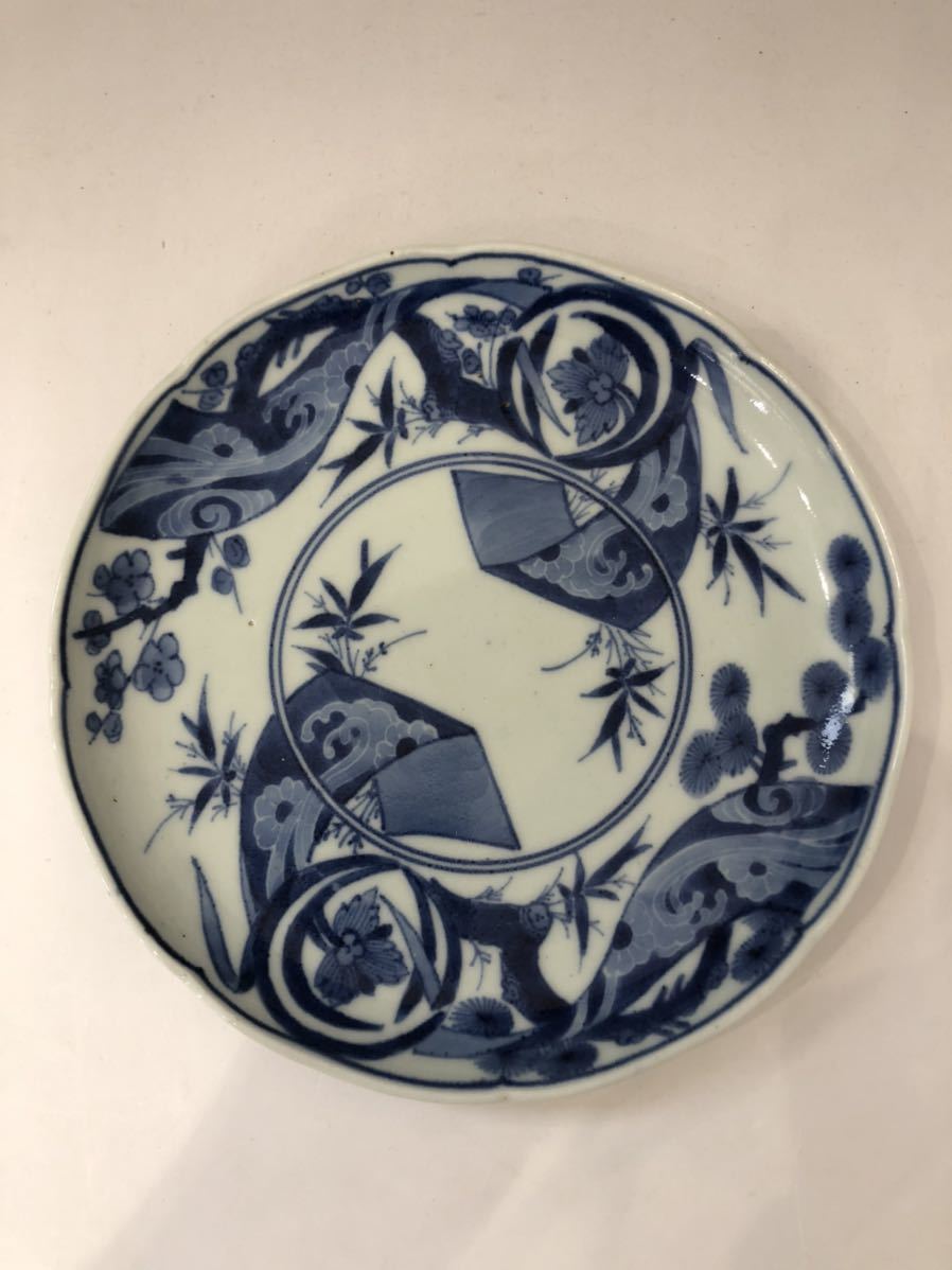 名逸品 江戸時代 藍柿右衛門 古伊万里染付三友帯図輪花皿 HOT