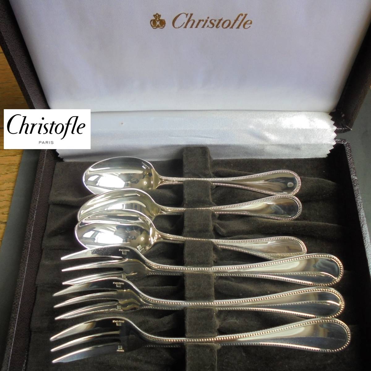 未使用極美品☆高級銀器クリストフルシルバー銀Pコーヒースプーン6本　人気のパール 美品☆高級銀器クリストフルシルバー銀P フォーク＆スプーン計6本