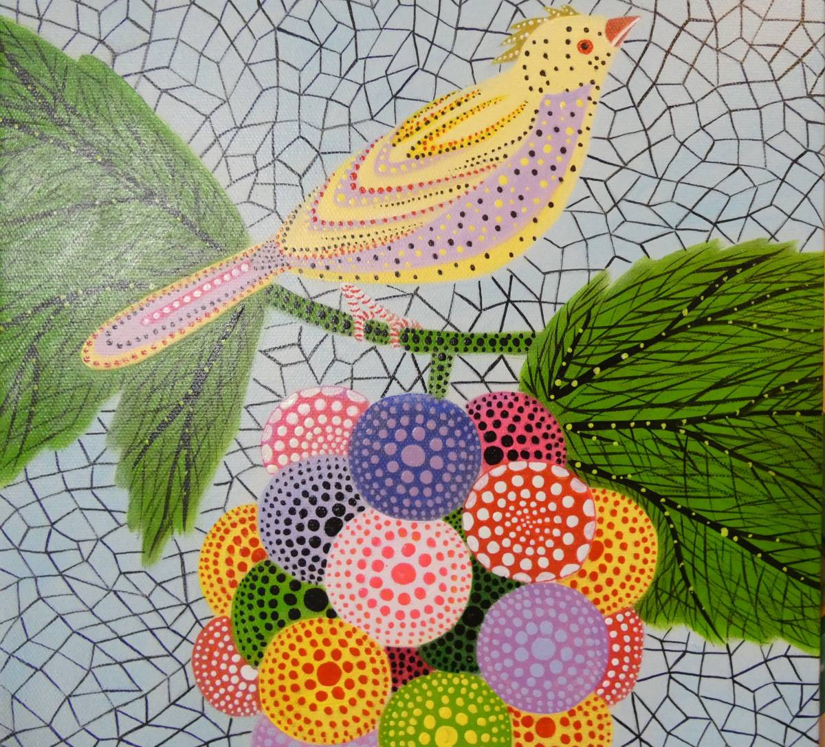 〓 日本絵画 静物画 「葡萄と鳥」 F6・ 額装 「草間彌生」 中古画作