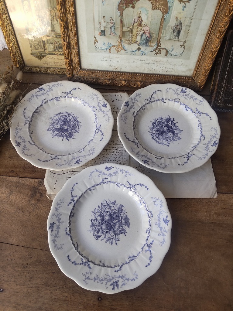 ☆フランス アンティーク 素敵な 鳥絵付き 皿 3枚セット 1900年 美品