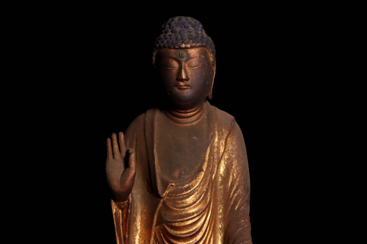 ◇錵◇ 仏教美術 木彫 阿弥陀如来像 33.5cm 鍍金 仏像唐物骨董 [G339 