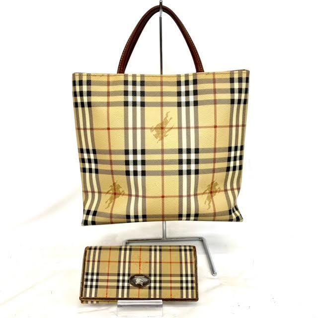 仙7【1円スタート】BURBERRY ノバチェック ハンドバック/長財布 2点セット バーバリー ベージュ キャンバス レザー ホース柄