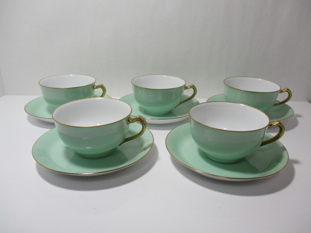 OKURA 大倉陶園 色蒔き ライトグリーン カップ＆ソーサー 5客セット