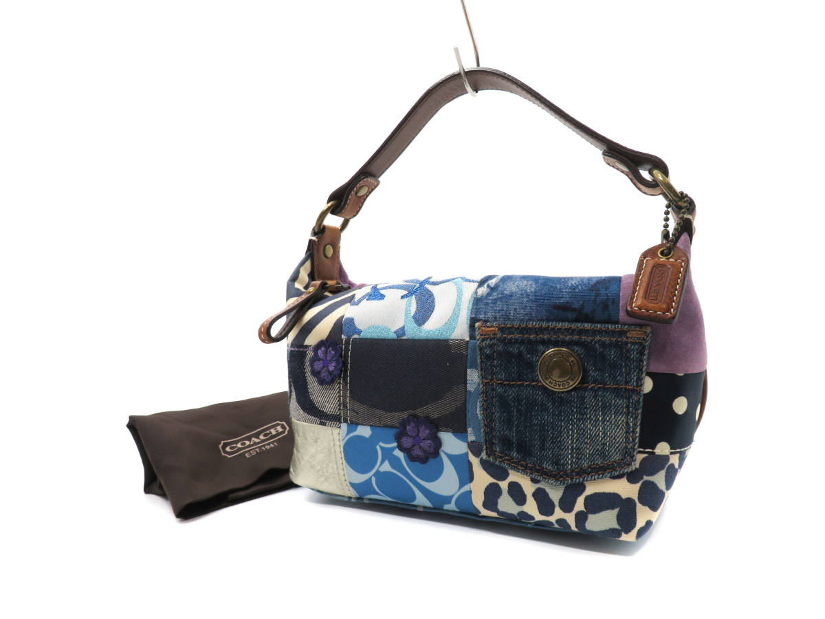 9678 美品 COACH コーチシグネチャー柄 デニム×レザー パッチワーク