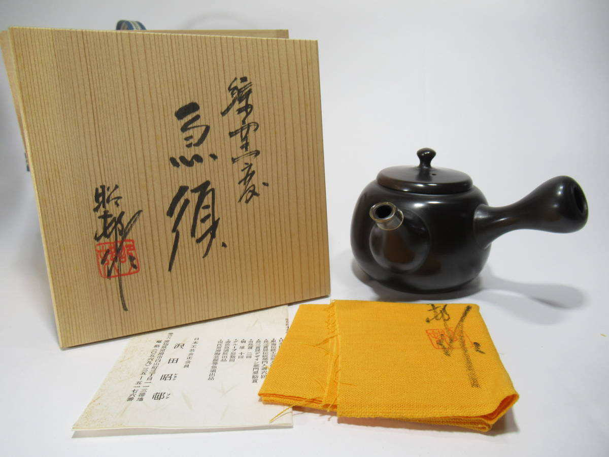 煎茶道具 常滑焼 沢田昭邨 急須 谷川白道刻 茶器 共箱 茶注 茶道具