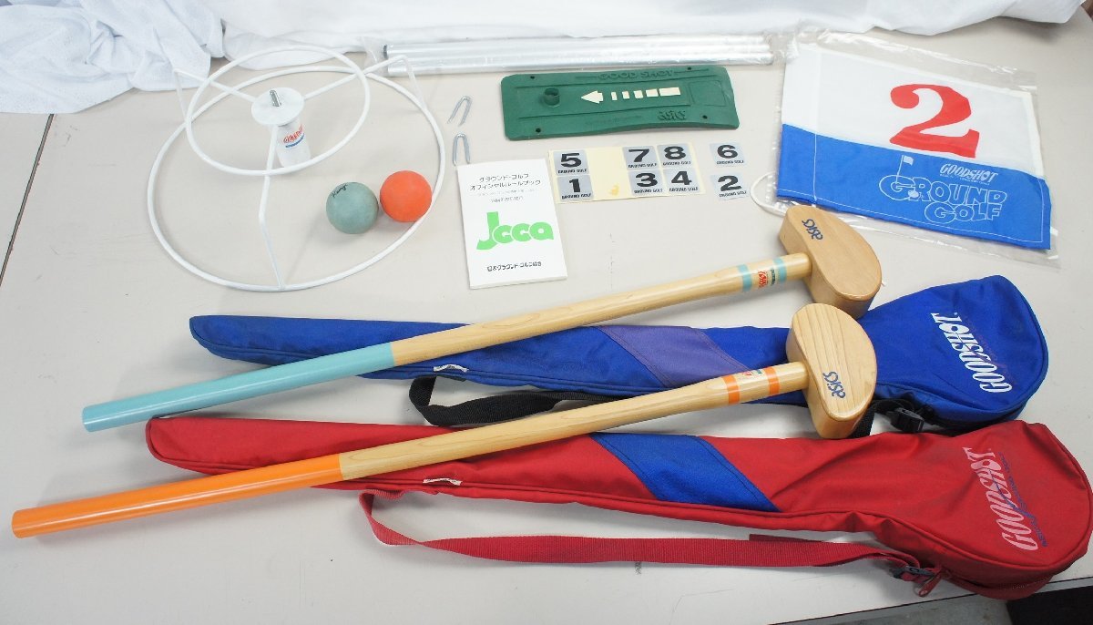 10◆【中古】セットで asics アシックス グランドゴルフ GOODSHOT クラブ・スタートマットセット 長さ84cm◆3363N4　/1.5ｂ