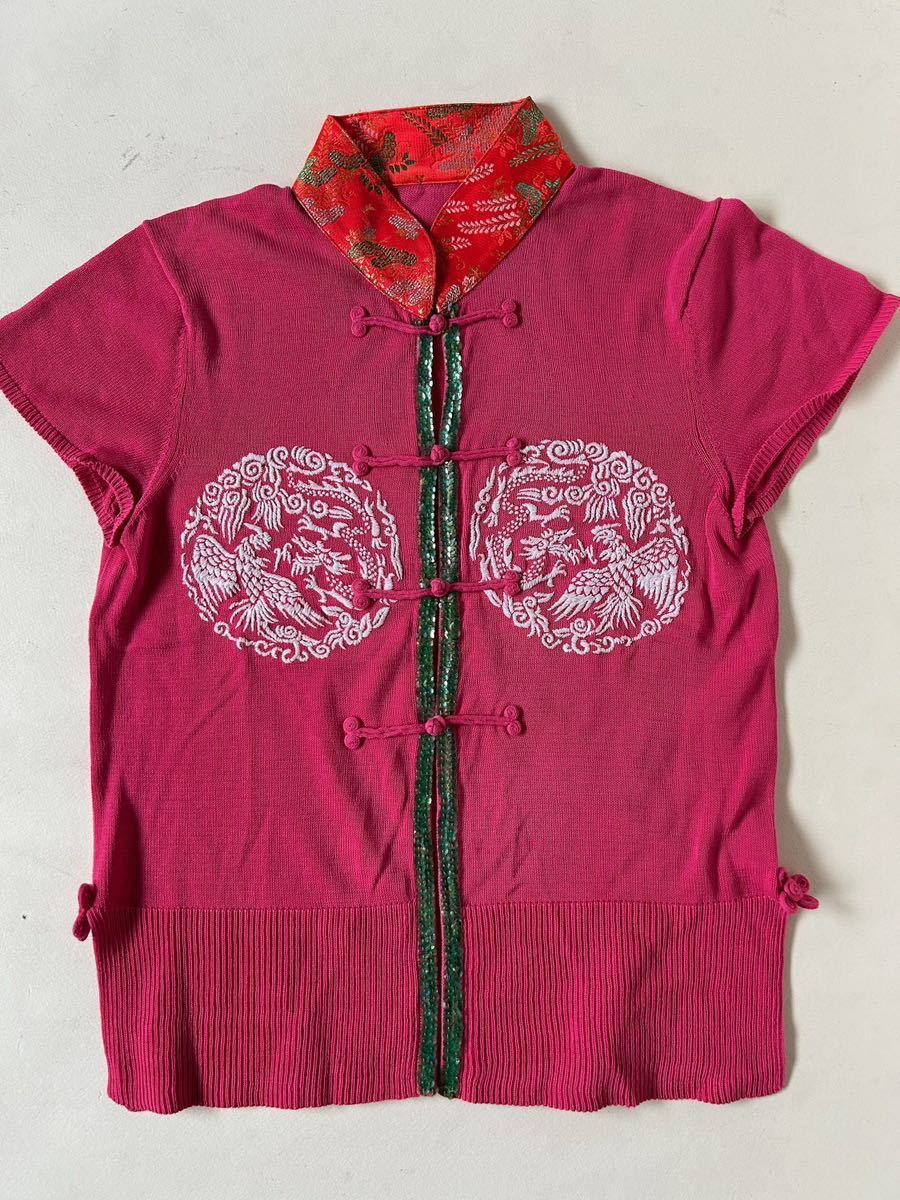 ミラクルウーマン チャイナ風 刺繍入サマーニット ピンク 検クリームソーダ、チャイナドレス、ピンクドラゴン、50's60's ロカビリー