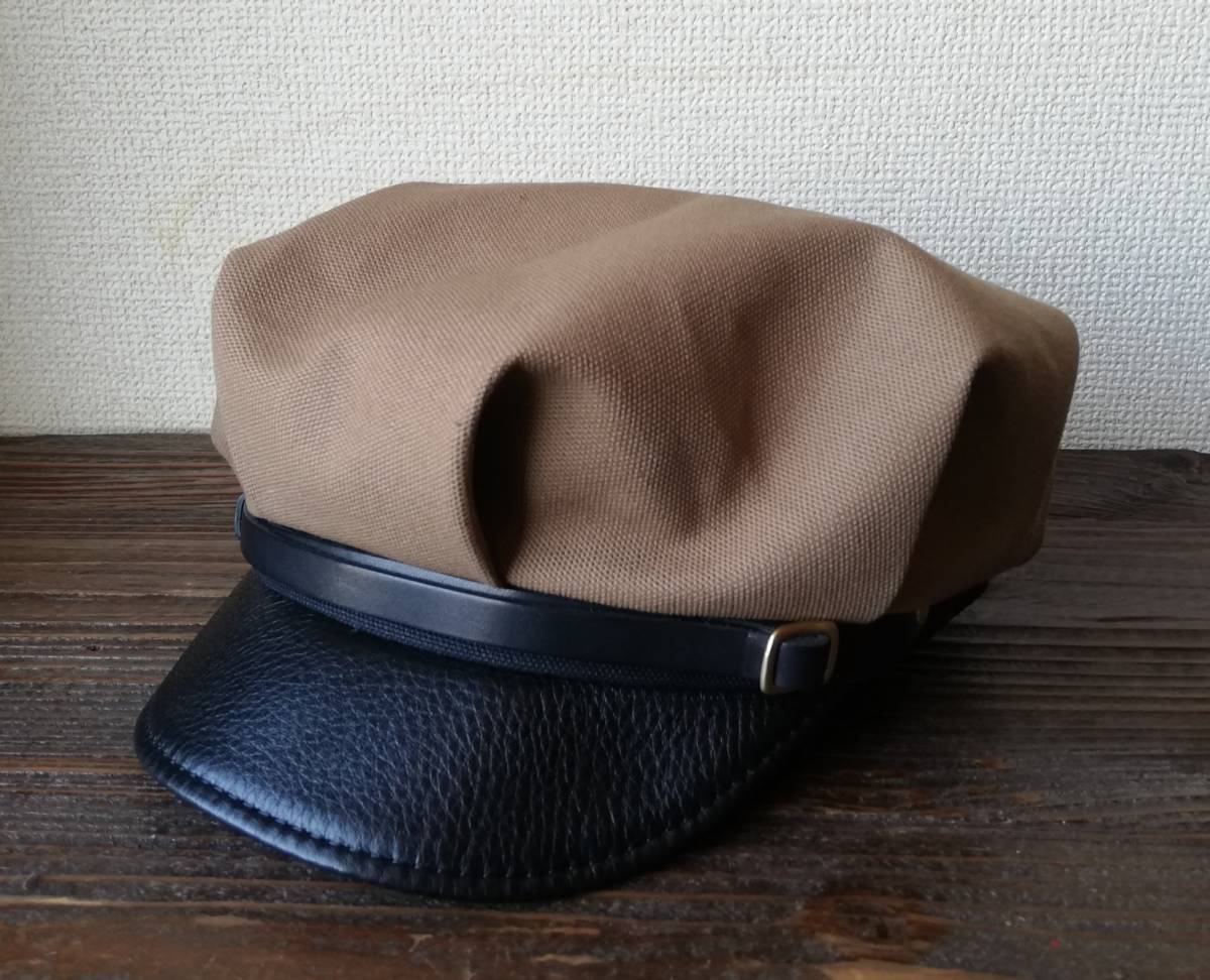 バイカーキャップ／ワークキャップ01B　サンプル品　キャンバス×牛革 グレージュ　L~XL 約58~60㎝