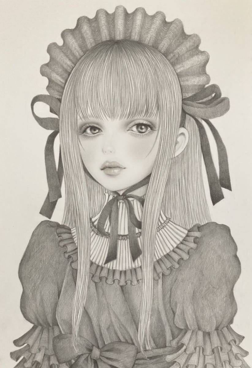 オリジナル手描きイラスト☆美少女☆A4鉛筆画／絵画／微笑む② 