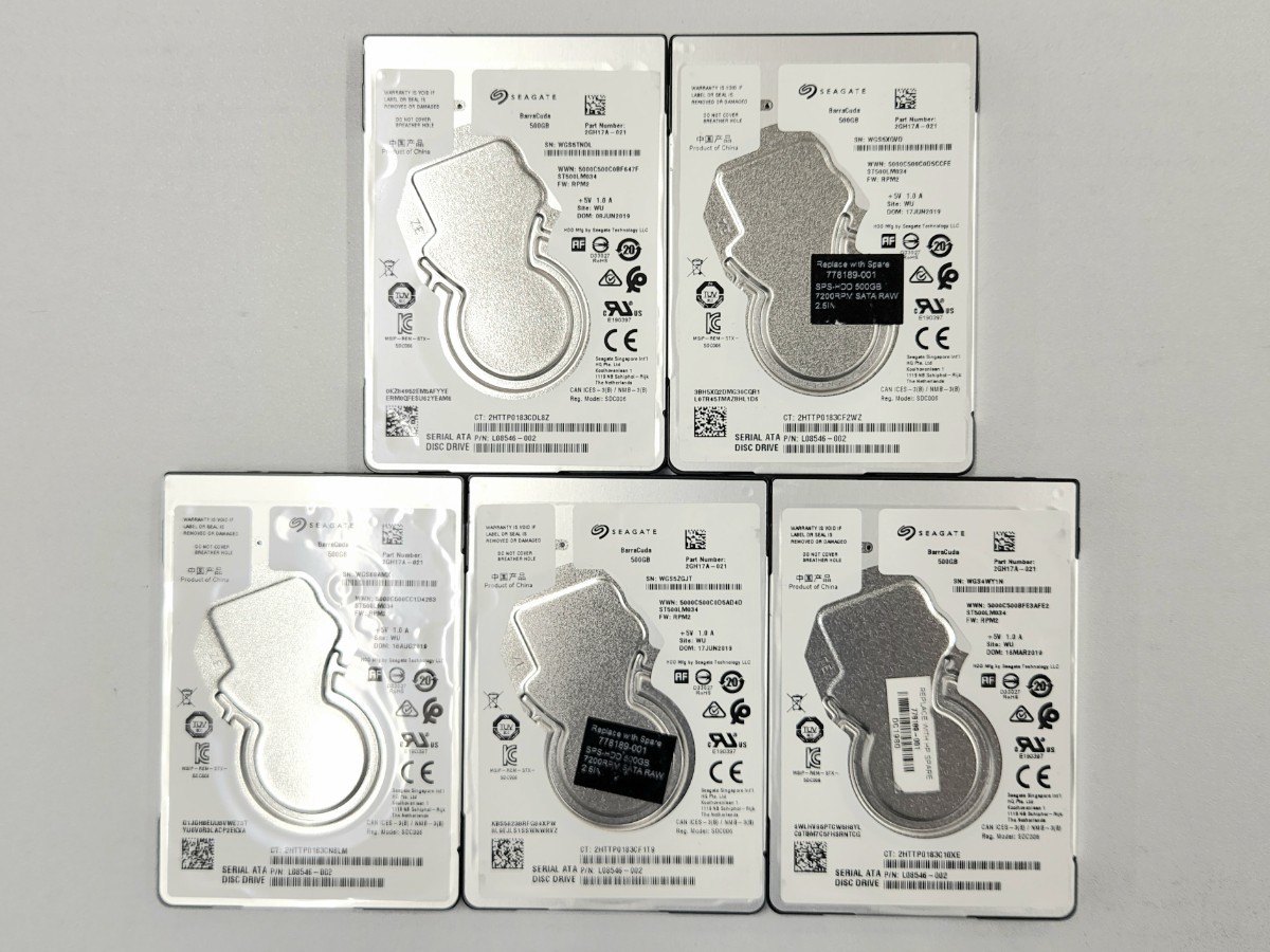 【送料無料】中古HDD 5台セット SEAGATE ST500LM034 HDD 500GB SATA 7200RPM 128MB 7mm 2.5インチ 動作確認済 健康状態:正常 5枚