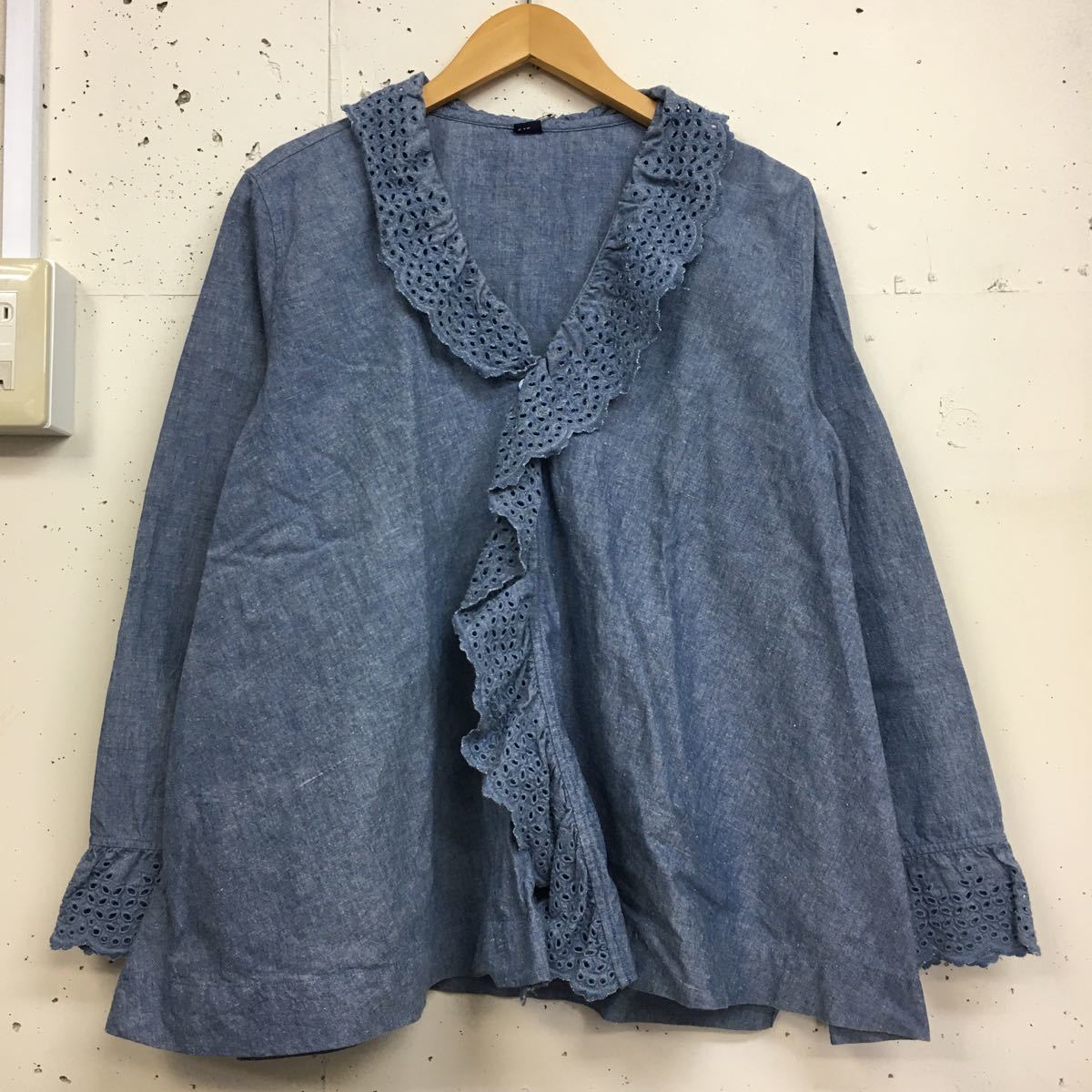 45rpm フォーティーファイブアールピーエム インド カディ de レース シャンブレー ブラウス 長袖 レディース ブルー コットン 綿