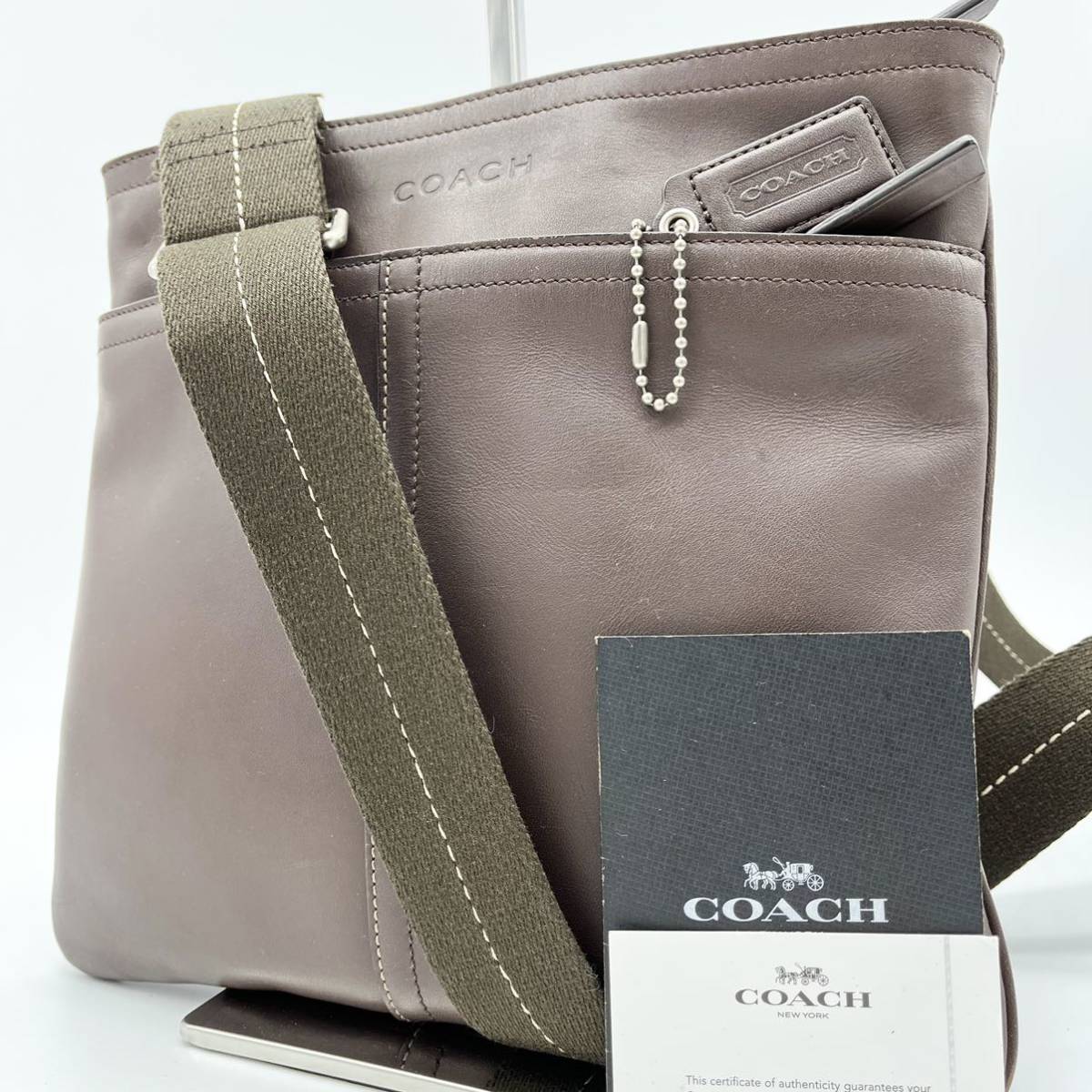 1円【美品】COACH コーチ メッセンジャー バッグ オールレザー メンズ サコッシュ ショルダー 刻印ロゴ ビジネス ステッチ チャーム