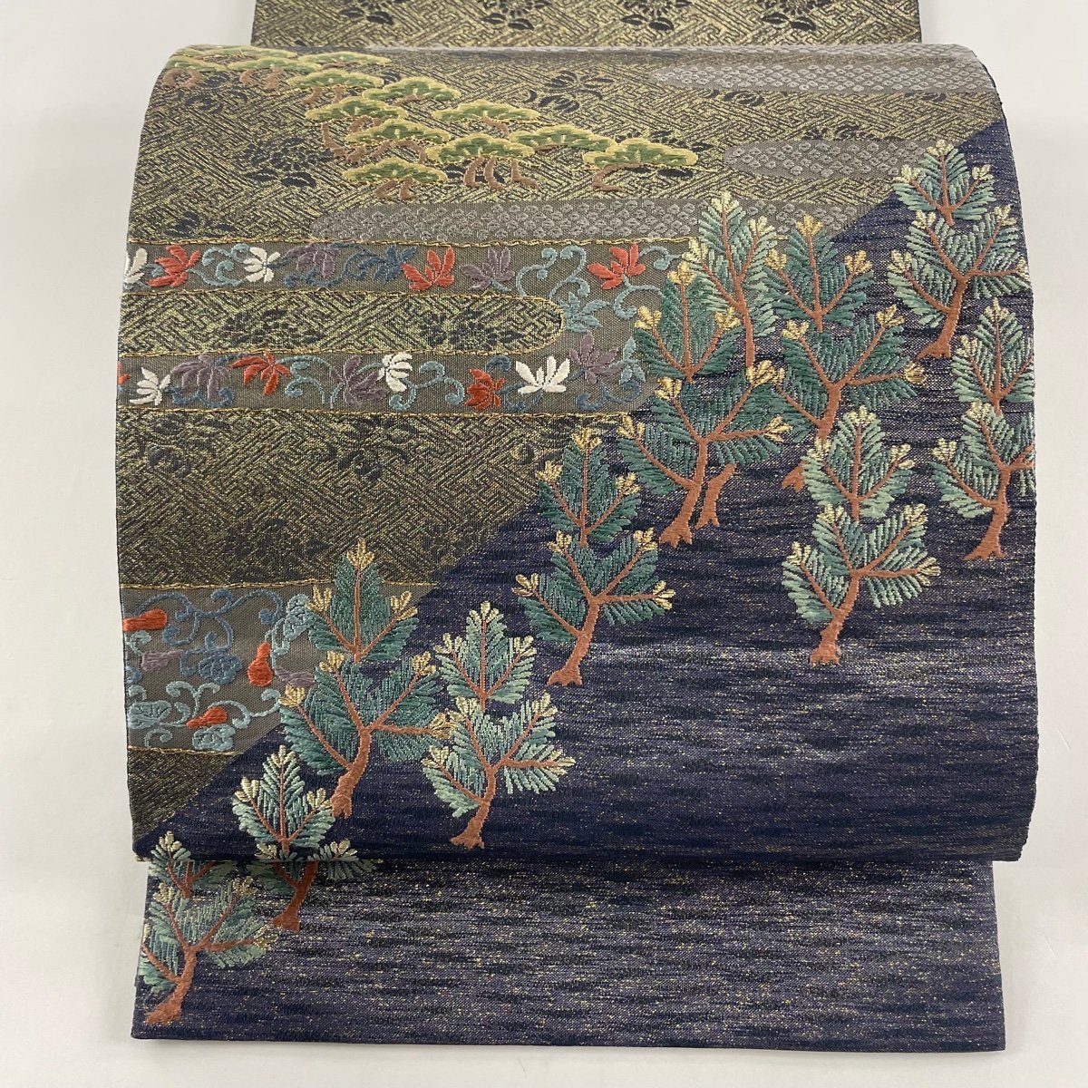 美品】 袋帯 名品 辻が花 ヱ霞 金糸 紺色 お太鼓柄 正絹 【】 袋帯 美 