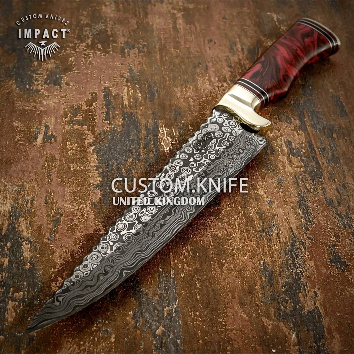 ☆全長35.5cm イギリス IMPACT製 ダマスカス鋼 ナイフ カスタム レジン 