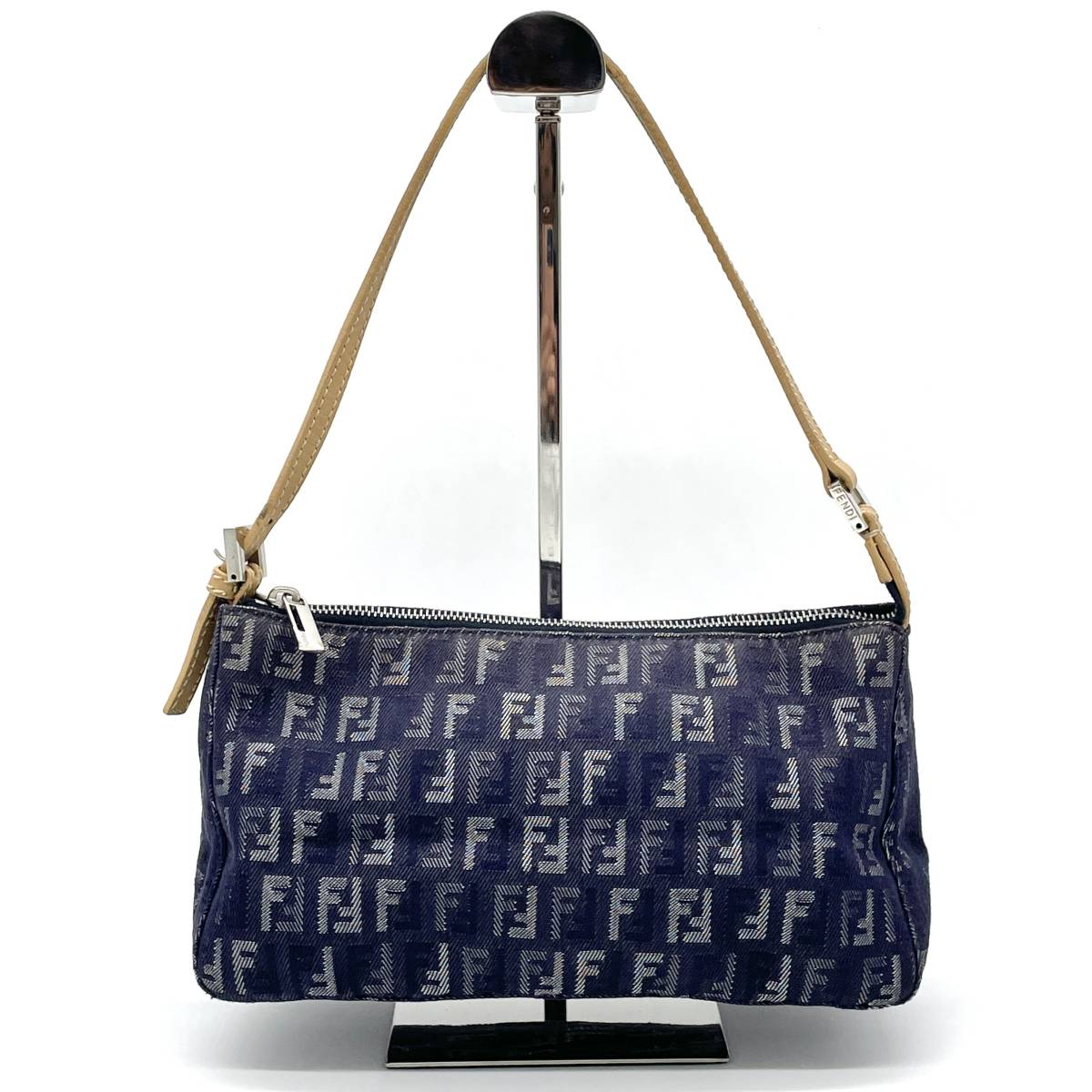 1円 FENDI フェンディ ズッカ柄 ズッキーノ ネイビー アクセサリーポーチ ショルダーポーチ ハンドバッグ 