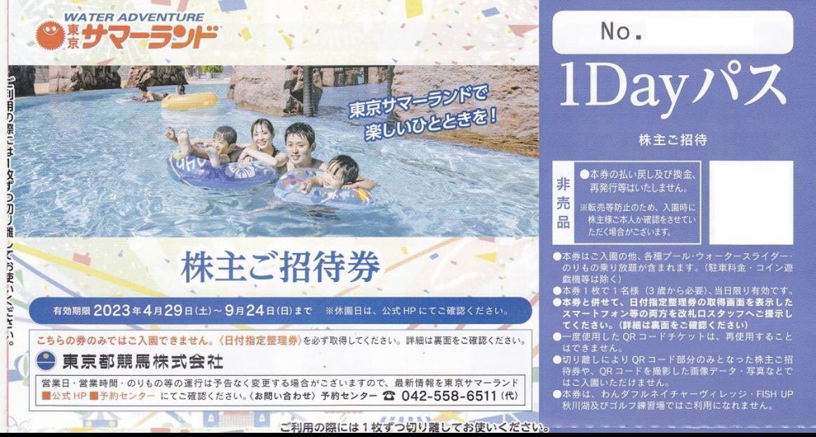 即決! 東京サマーランド株主優待 夏券 フリーパス1~6枚 即決! 東京サマーランド株主優待 夏券 フリーパス1~6枚