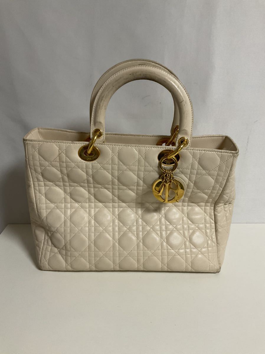 営FU609-100◆ Christian Dior レディディオール カナージュ アイボリー レザー ハンドバッグ 